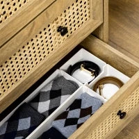 Cassettiera con 4 Cassetti e Inserti in Rattan Stile Boho, 80x35x95 cm, Legno Naturale
