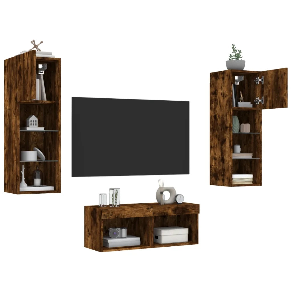 Mobili TV a Muro 4pz | Armadietto TV | Mobile Porta TV con Luci LED Rovere Fumo