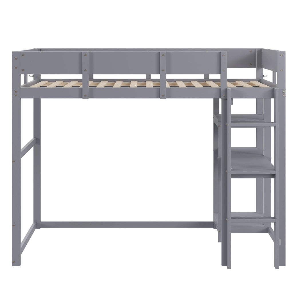 Letto a soppalco 90x200 cm con ripiano; in legno massello di pino; grigio