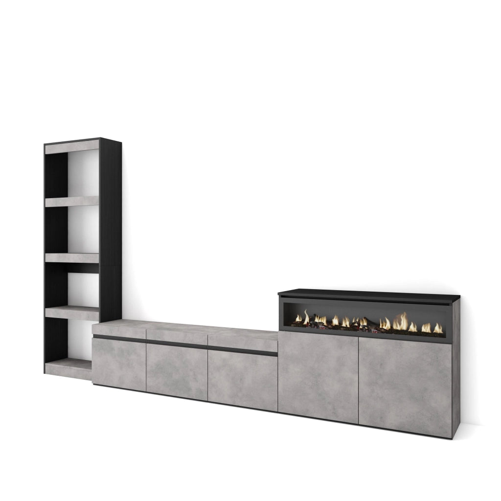 Mobile TV, Soggiorno, 310x35x186cm, Per TV fino a 65", Camino elettrico, grigio cemento RF3168