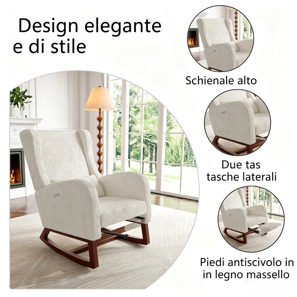 Poltrona relax a dondolo 67x64x99cm con poggiapiedi e tasche sedia a dondolo da interno per allattamento struttura in legno e teddy; bianco