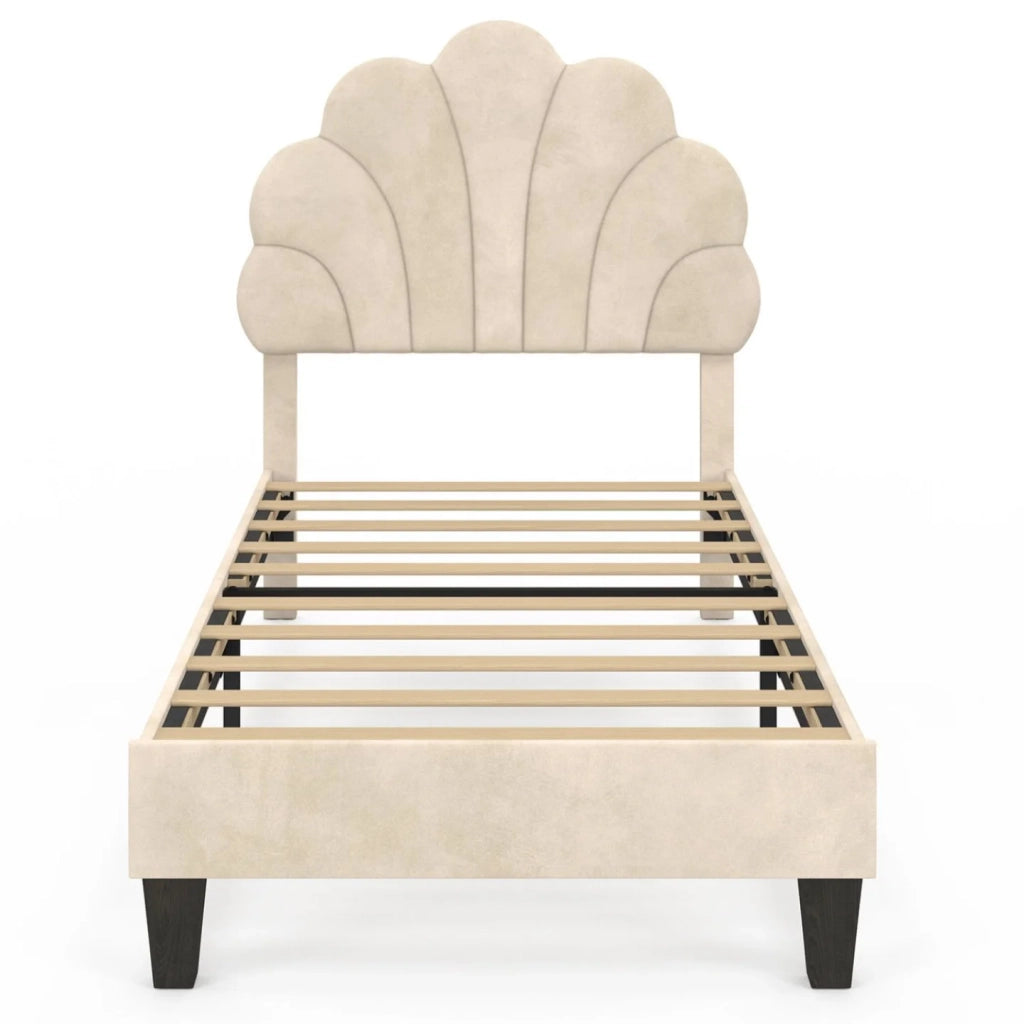 IDMarket - Letto singolo a conchiglia AMANDA 90 x 190 cm con base in velluto beige