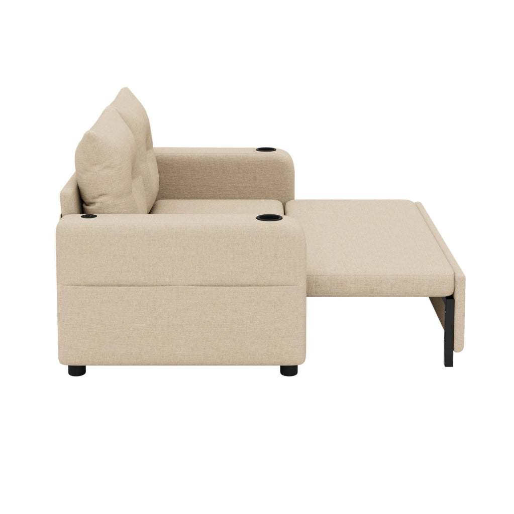 Divano letto 131x81x94 cm in tessuto misto cotone e lino beige con USB， portabicchieri