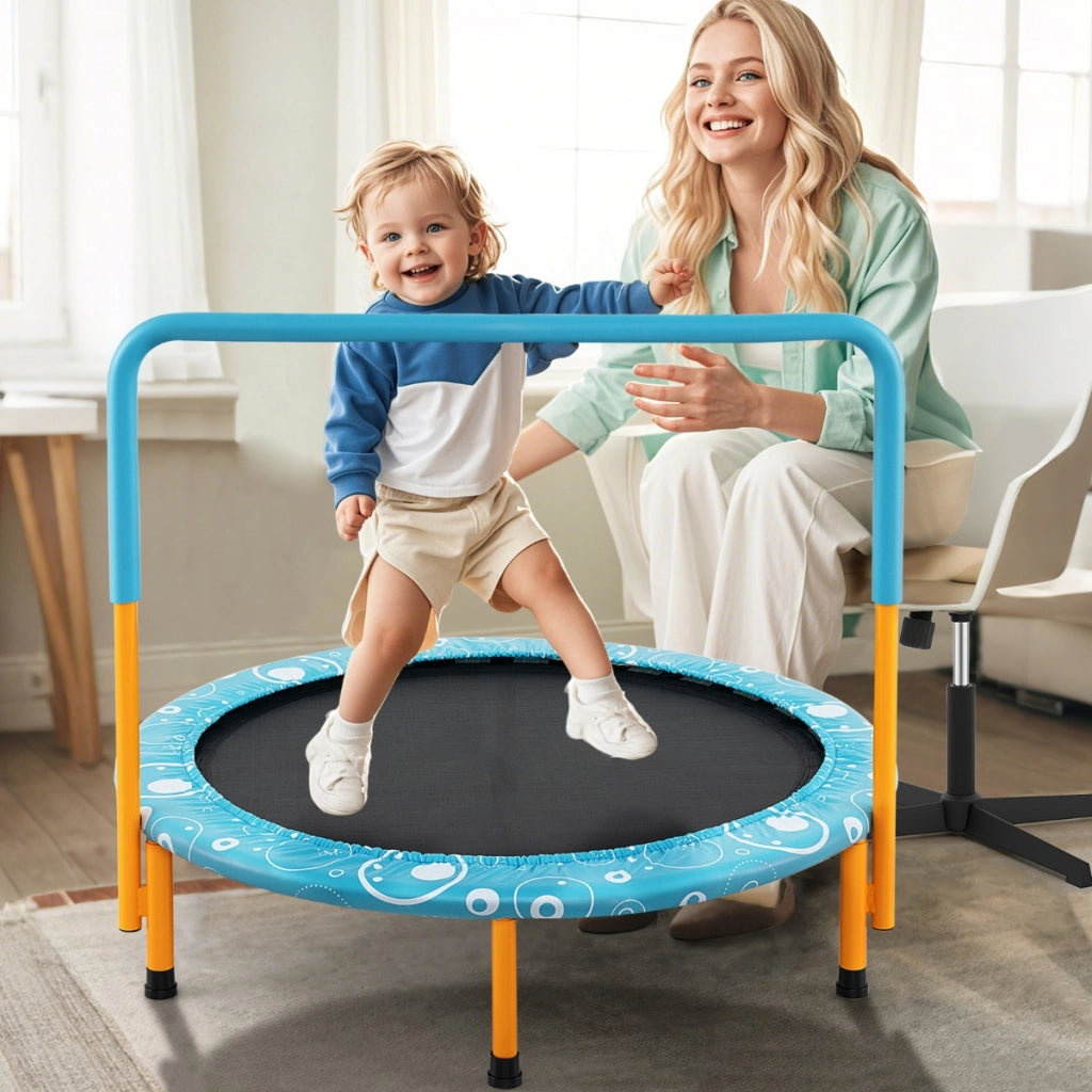 Trampolino per bambini con copertura di sicurezza e maniglia, Tappeto elastico pieghevole 92x92x80,5cm Azzurro-Trampolini