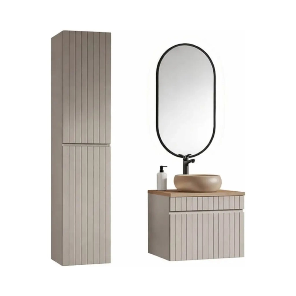 Set ICON: mobile sottolavabo 60cm + piano per lavabo + lavabo da appoggio rotondo + colonna + specchio verticale LED