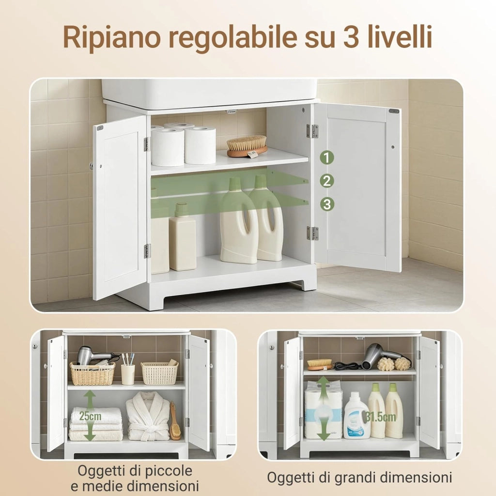 Mobile Bagno Sottolavabo – Mobiletto Bagno Salvaspazio con Ante e Ripiano Regolabile – Mobile sotto Lavabo da Bagno in MDF, Bianco, 60x60x29cm, BZR18-W