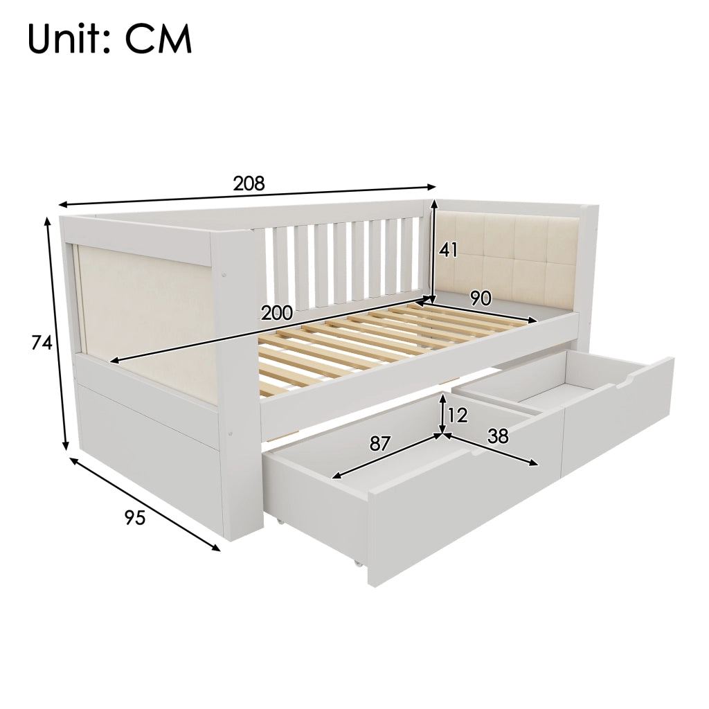 Divano letto con 2 cassetti 90x200 cm in legno bianco