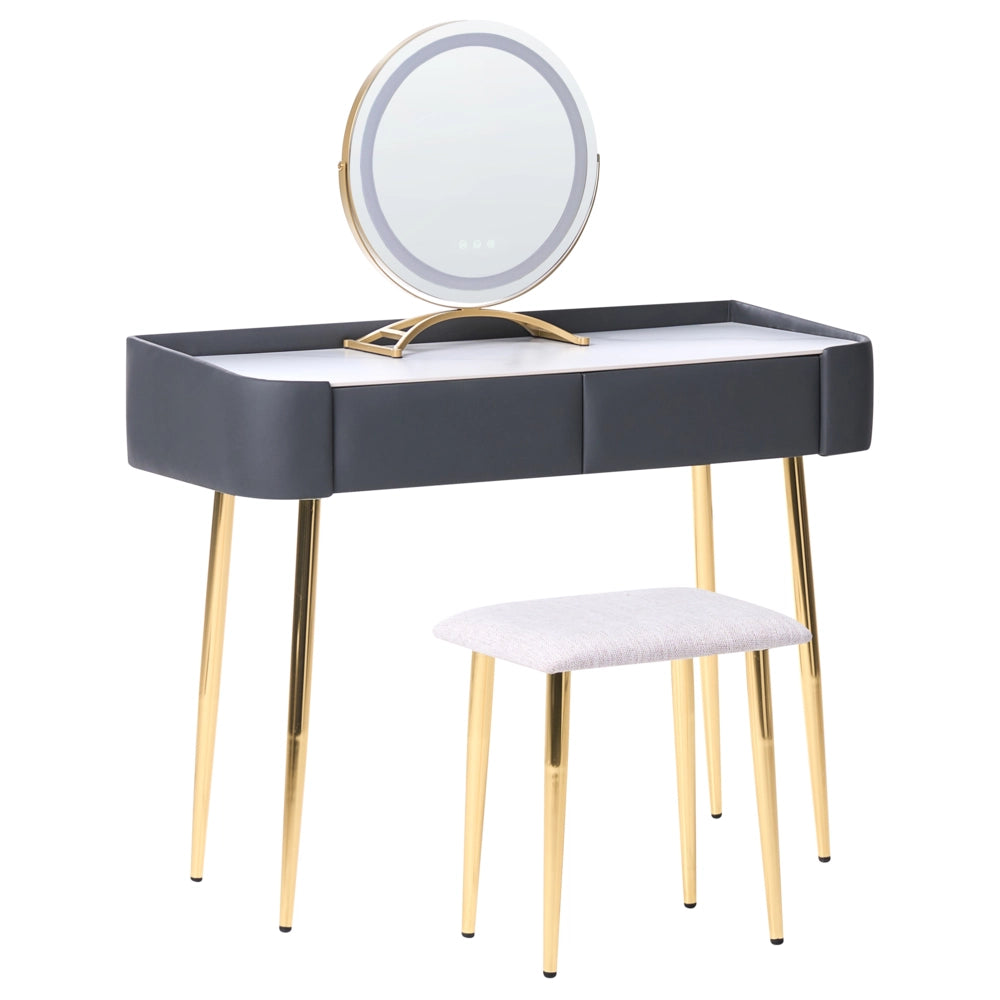 Toeletta con 2 cassetti specchio LED grigio e oro con sgabello camera da letto elegante