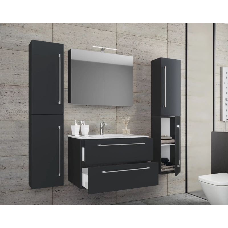 Completo Set bagno 5 Pezzi Mobile sospeso 2 casetti con Lavabo XL in ceramica incl 2 Colonne e mobile specchio, Nero ,
