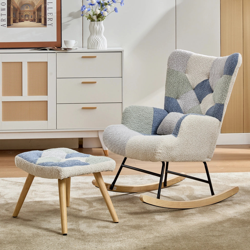Poltrona a dondolo con pouf e schienale rimovibile in tessuto con struttura in ferro beige e blu 122 × 68 × 91 cm