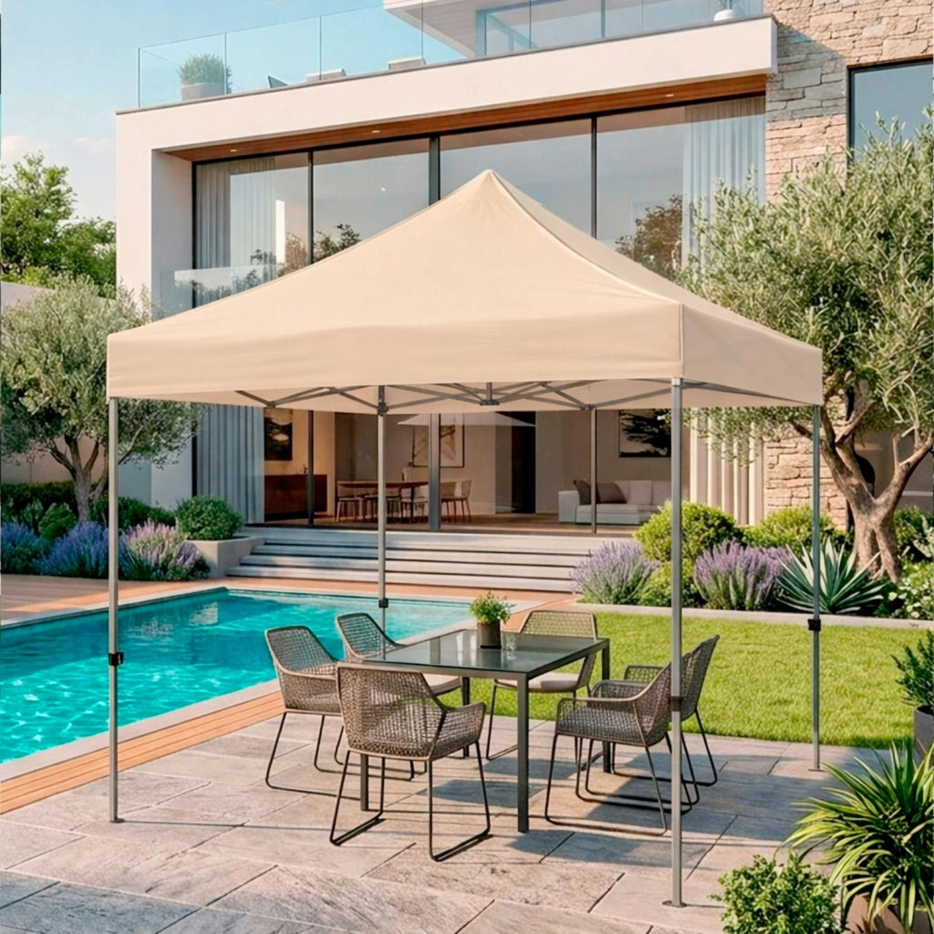 Gazebo Professionale Con Struttura A Fisarmonica Richiudibile Automatico In Acciaio E Telo Oxford 1200D PVC Impermeabile E Anti UV Dotato Di Sacche Zavorra E Borsa Trasporto Per Sagre Feste Eventi 3x3 M Beige