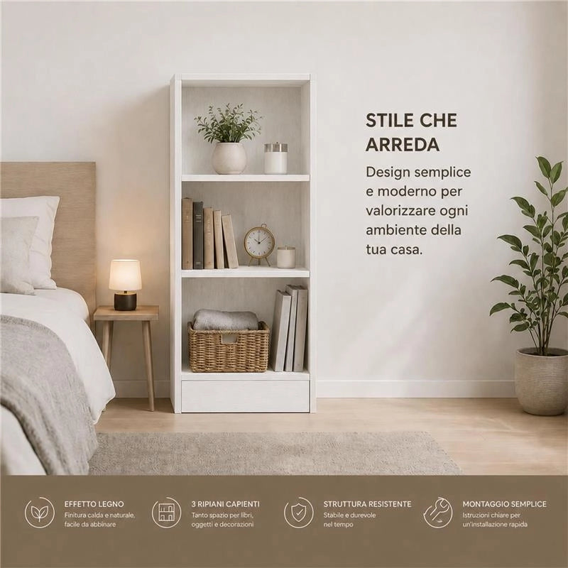 LIBRERIA IN LEGNO CON 3 RIPIANI COLORE BIANCO DIMENSIONI 60X24X120 CM