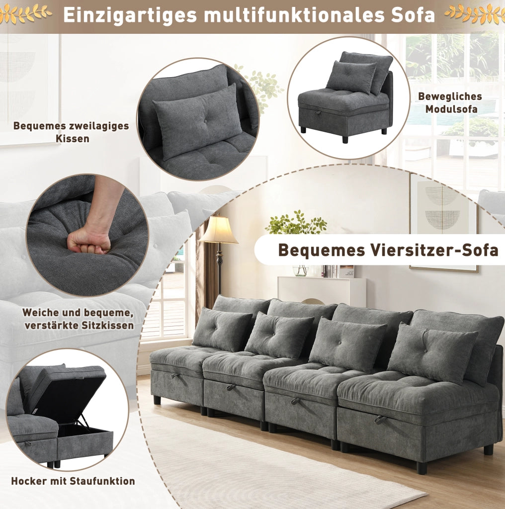 Divano modulare 4 posti con contenitore e funzione letto; 274x76x87 cm; chenille grigio antico