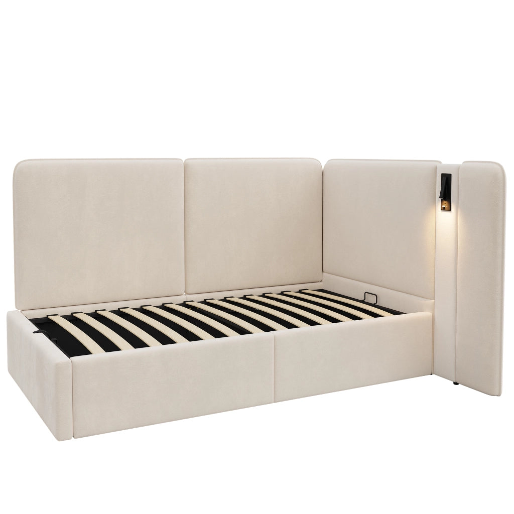 Letto Imbottito con Contenitore Idraulico ¨C MINIMAL ¨C Velluto Beige 90x200, USB