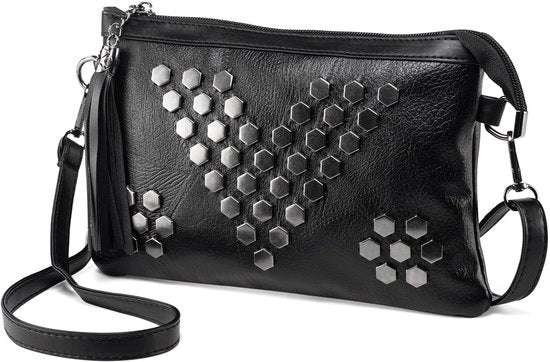 Borsa da spalla piccola per donne con pennelli e chiodi a molla, clutch in pelle morbida nera