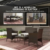 Set da Giardino 4 Pezzi con Divano 2 Posti, 2 Sedie e Tavolino Basso, in Rattan e Acciaio, Beige e Marrone