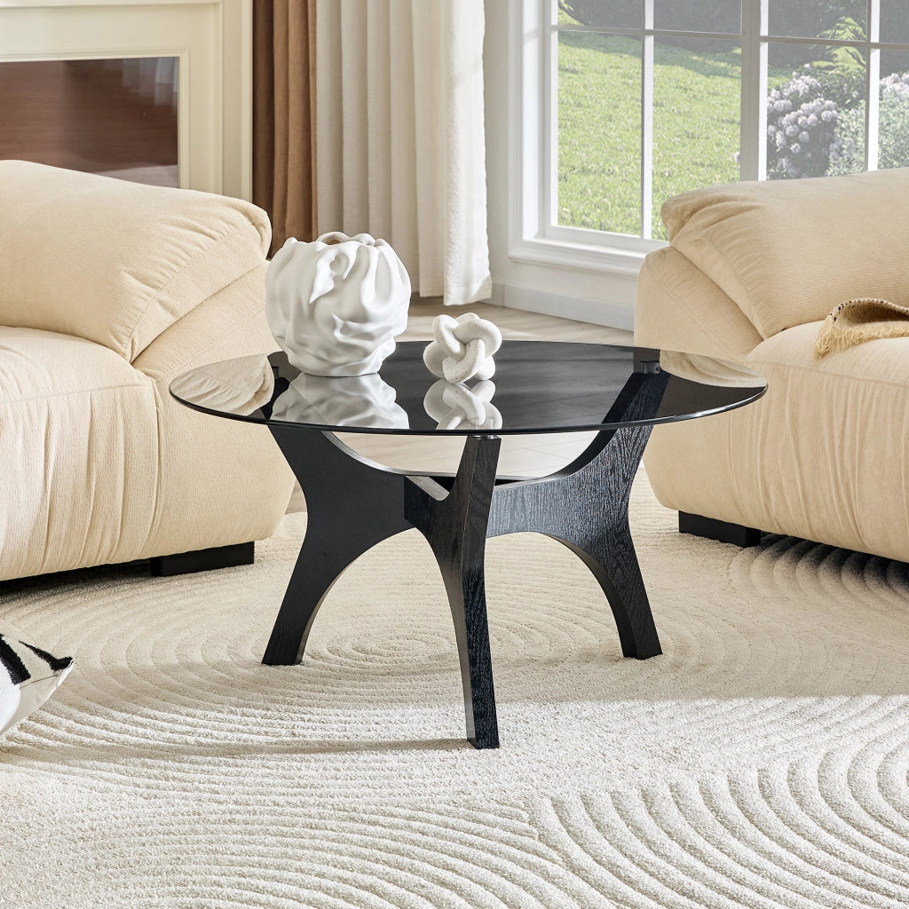 Tavolino da caffè rotondo con piano in vetro e base in MDF per soggiorno 80 x 42.2 cm