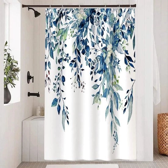 Douchegordijn 150 x 180 cm, schimmelwerend, foglie blu e fiori bianchi, disegno aquarello di piante, tessuto di poliestere lavabile e impermeabile.