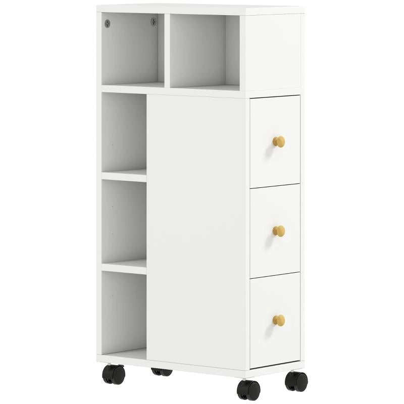 MOBILETTO BAGNO SALVASPAZIO CON RUOTE, 3 CASSETTI E 5 VANI CON RIPIANI REGOLABILI, 20X40X80 CM, BIANCO