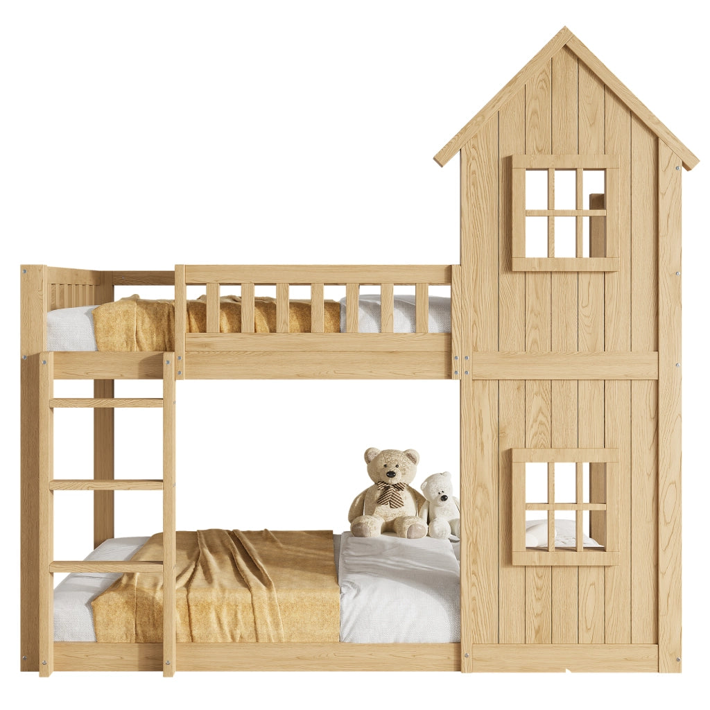 Letto a castello a casetta 90x200 cm con 2 finestre; scala a 3 gradini e parapetto integrale; pino e MDF; naturale