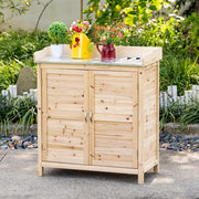 Armadio da giardino in legno massiccio di abete con 2 vani interni, doppia porta e piano di lavoro zincato