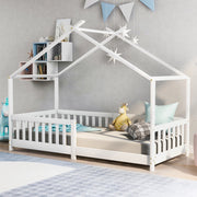OKWISH Letto a Casetta 90×200 cm, Letto Singolo con Sponde di Sicurezza, Spazio Contenitore, senza Materasso, in Legno Massello, Bianco