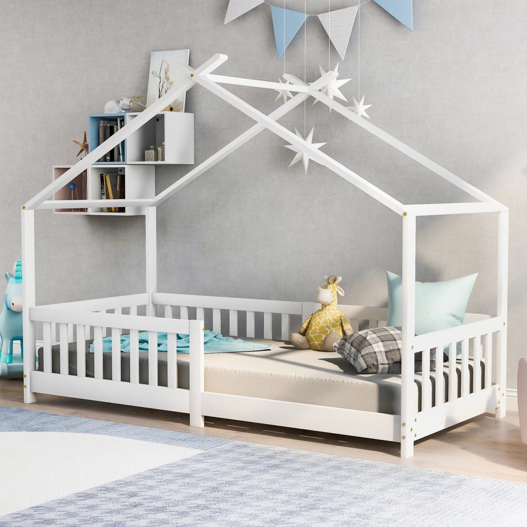 OKWISH Letto a Casetta 90×200 cm, Letto Singolo con Sponde di Sicurezza, Spazio Contenitore, senza Materasso, in Legno Massello, Bianco