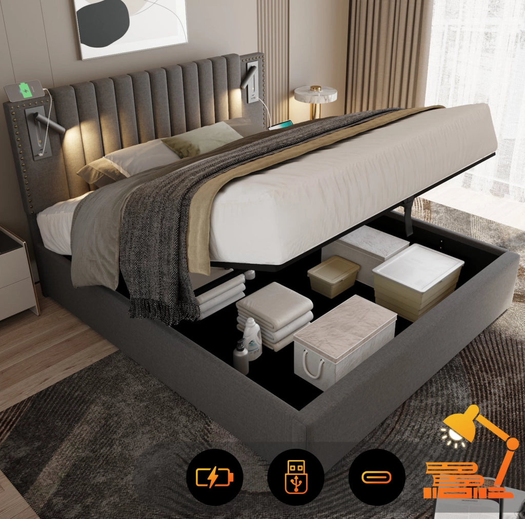 Letto imbottito 180x200 cm grigio con contenitore, luci da lettura e porte USB-C