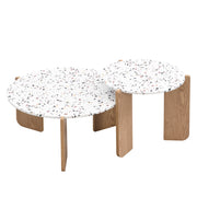 Tavolini da Caffè Rotondi Impilabili con Piani Decorati; Design Salvaspazio per Soggiorno; MDF; Naturale