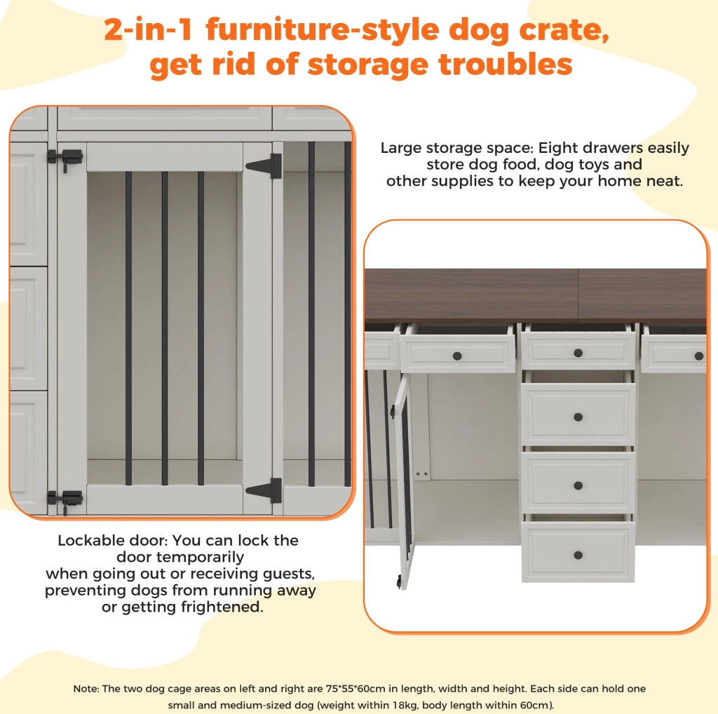 Mobile-gabbia per cani ULEVR 200x60x85 cm con 2 vani separati, 8 cassetti e chiusure di sicurezza, bianco e noce