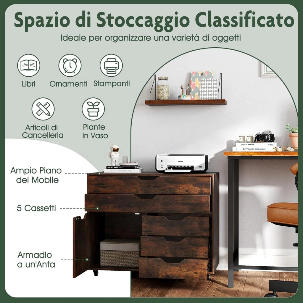Cassetteria a 5 Cassetti, Comò Camera da Letto con Armadietto con Anta, Comodino Tavolino in Legno con 5 Ruote Universale, Mobile per Soggiorno, 77,5 x 40 x 64 cm (Marrone)