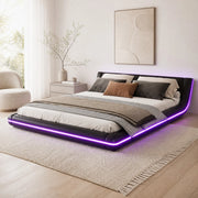 Letto a terra ULEVR 160x200 cm con LED multicolore controllabili tramite app e telecomando, PU e MDF, nero