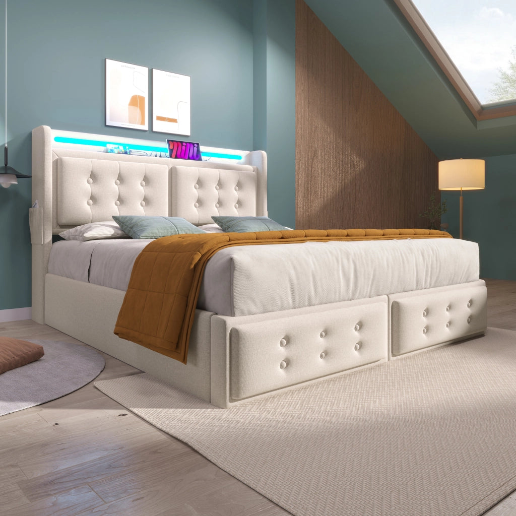 Letto imbottito 140x200 con testiera LED, prese USB e contenitore, Beige