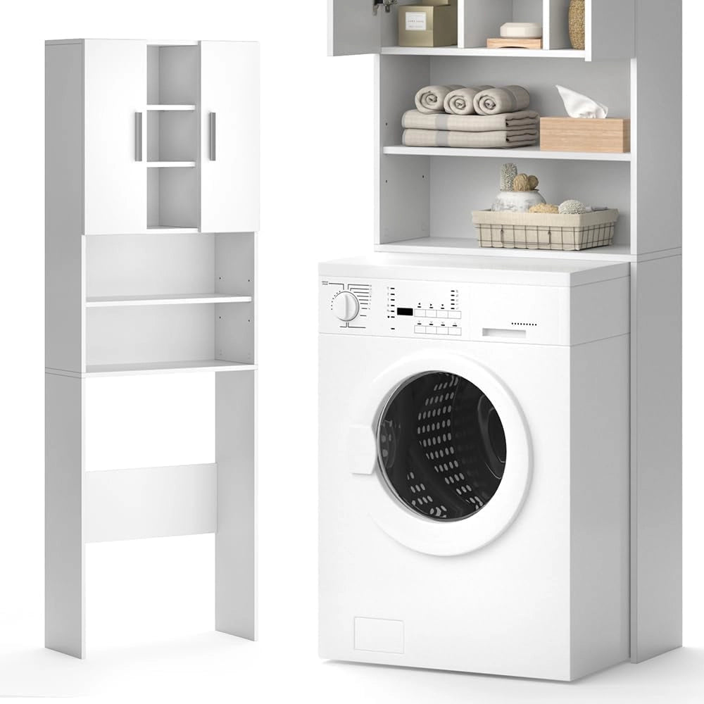 Mobile per lavatrice Luis, Bianco, 64 x 190 cm, per la conservazione di detersivi e accessori da bagno