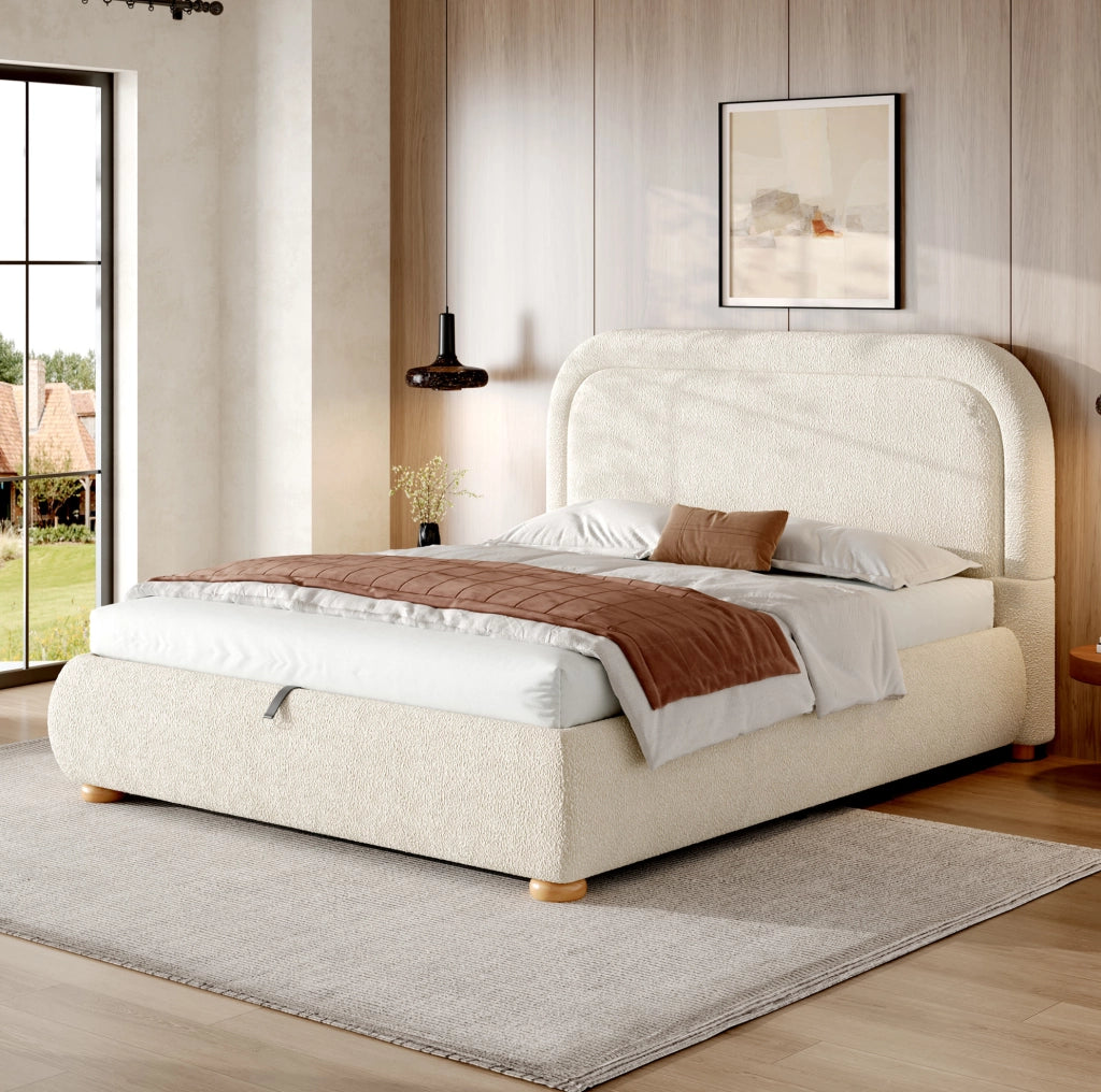 Letto matrimoniale imbottito con contenitore idraulico 140x200 cm; bouclé beige con rete a doghe