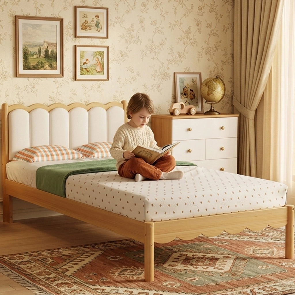 Letto imbottito per bambini con testiera a onda, 90x200 cm, beige e naturale