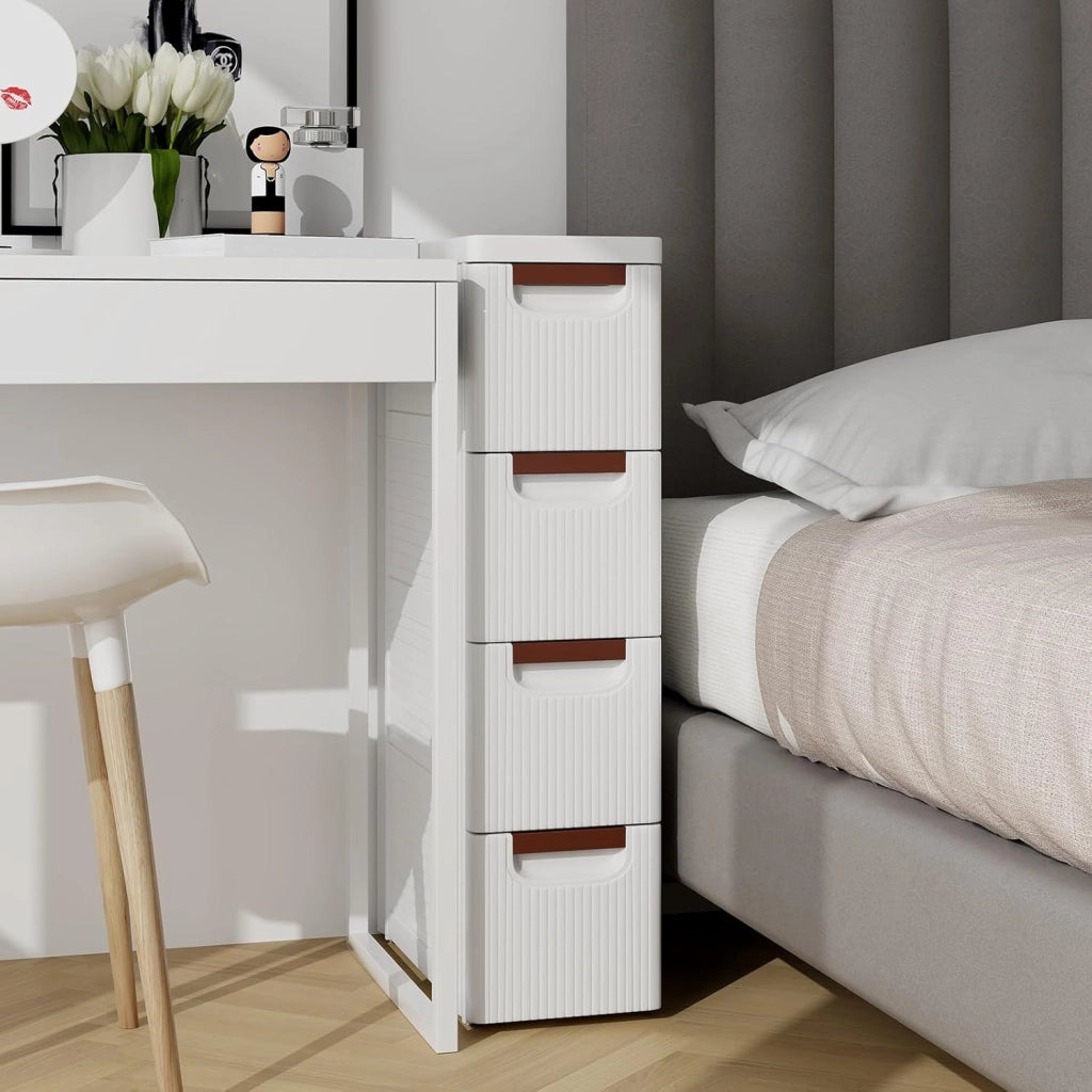 Mobile Bagno con 4 Cassetti, Mobiletto Bagno Salvaspazio con Ruote, Cassettiera in PP per Soggiorno, Bagno e Cucina, 42 x 19 x 74 cm