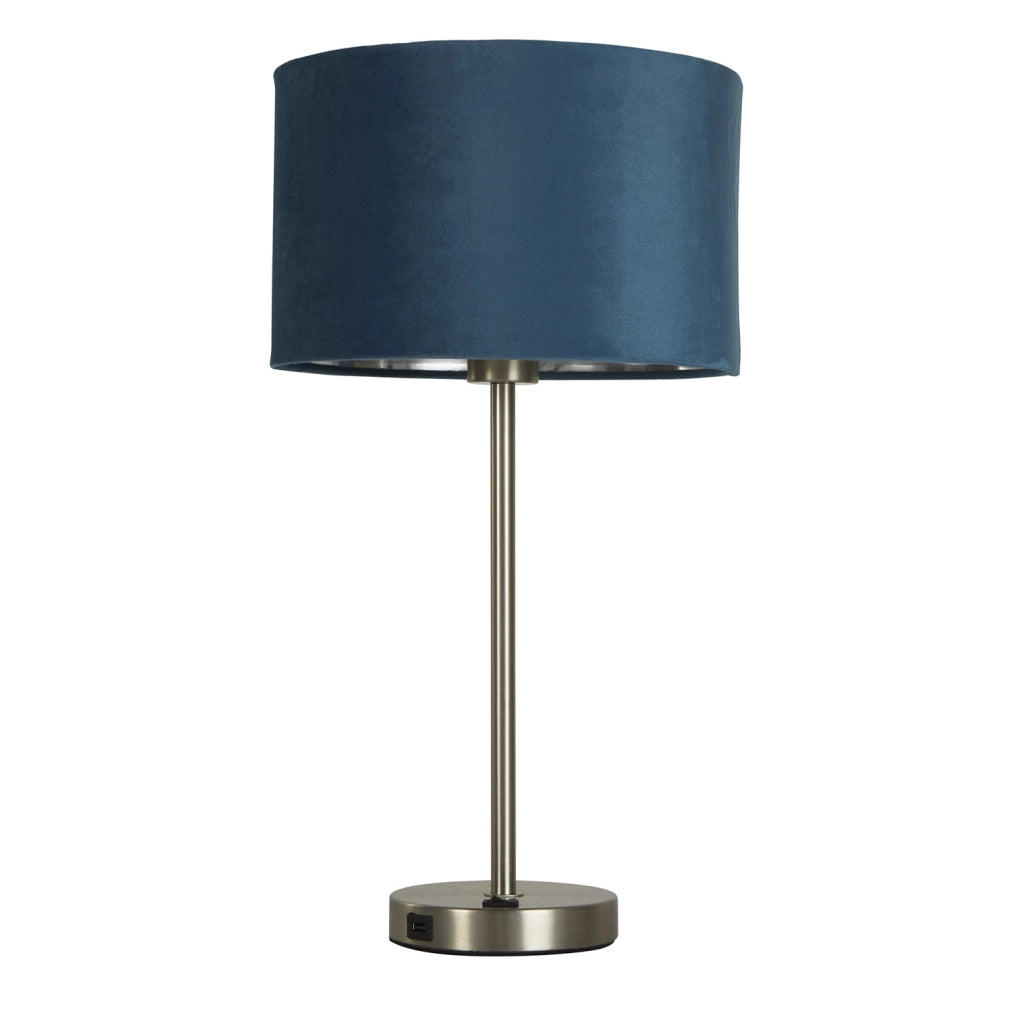 Lampada da tavolo Finn USB - Metallo nichel satinato e paralume in velluto verde acqua