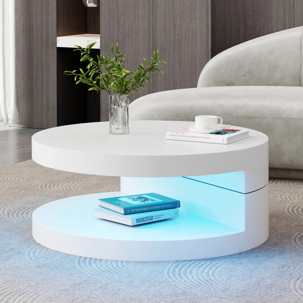 Tavolino basso rotondo girevole con LED e doppio ripiano in MDF bianco diametro 70 × 35,5 cm