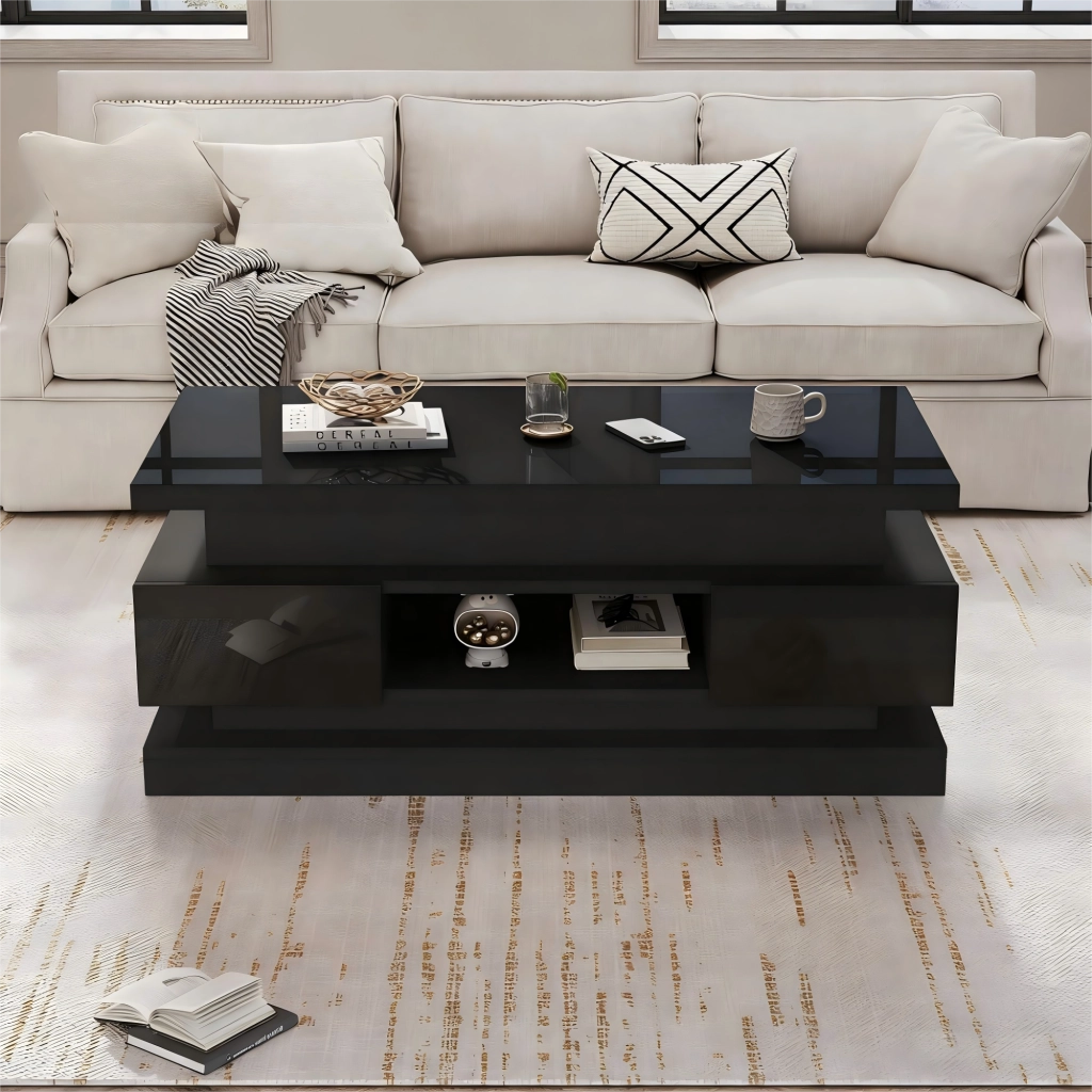 Tavolino da salotto sollevabile nero lucido con luci led; 100x50x40 cm