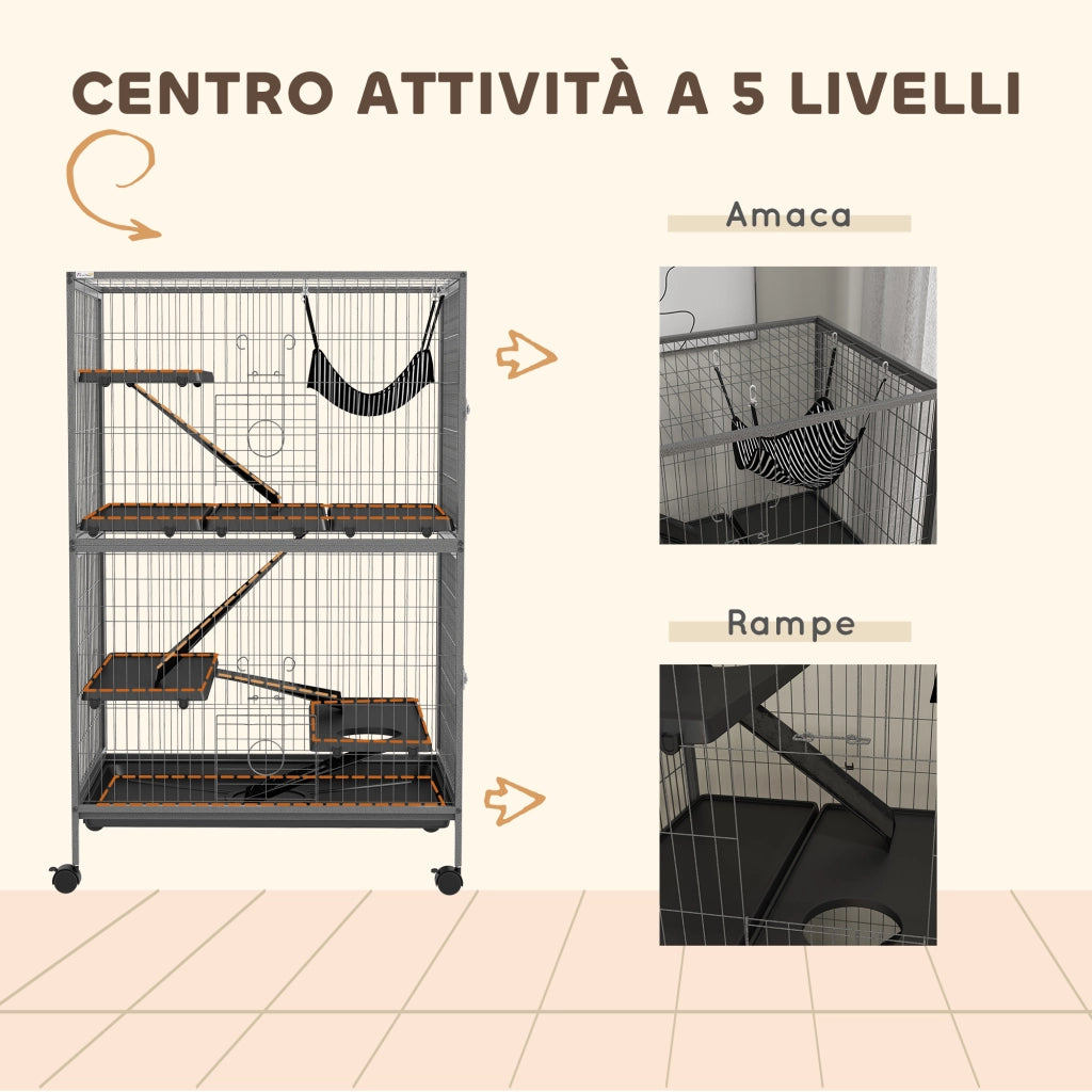 Gabbia per Roditori 80x52x128 cm con 4 Ingressi a Livelli Multipli in Metallo e PP Grigio