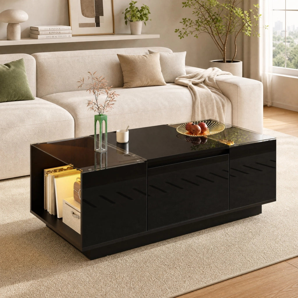 TAVOLINO DA CAFFÈ 105x50x35 cm Nero in pannello di legno con LED