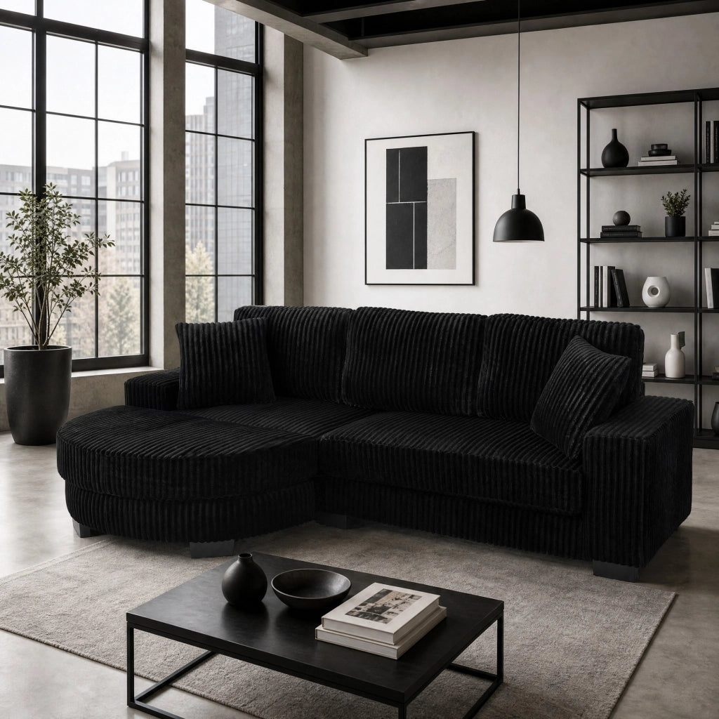 Divano angolare modulare L con pouf ovale spostabile; 256;5 x 133;5 x 89 cm; nero