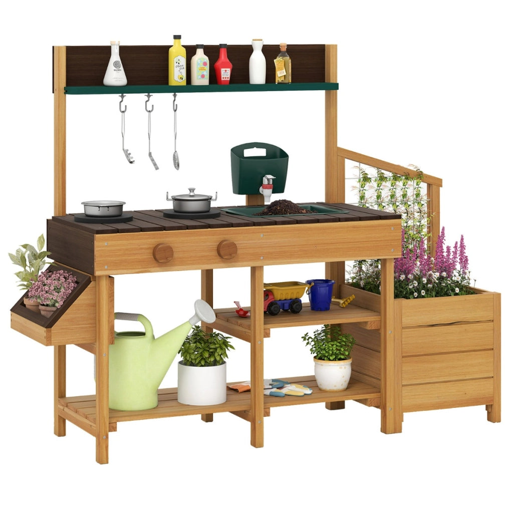 Cucina da esterno in legno per bambini 3-8 anni con accessori realistici-Cucina da gioco con cassettiera per piante Naturale