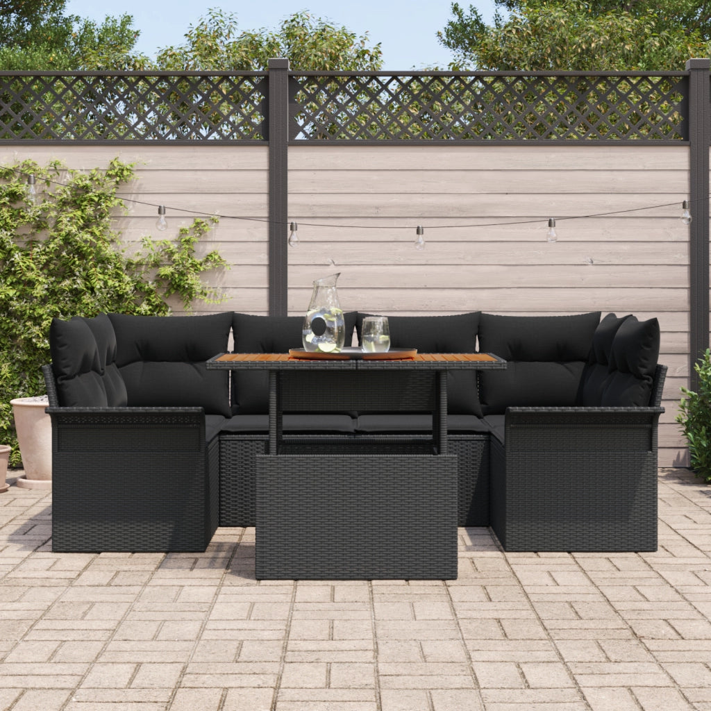 Set di Divani da Giardino a 7 Pezzi con Cuscini Nero in Rattan Polietilene Acacia