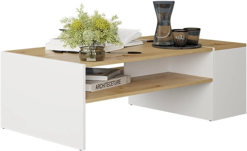 Tavolino da salotto Rubby, Rovere artigianale/bianco, 110 x 60 cm, con ripiano per la conservazione di riviste e accessori
