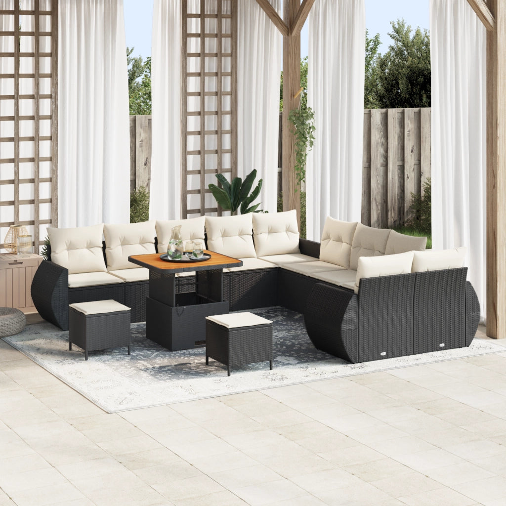 Set da divano da giardino  13 pezzi con cuscini in rattan nero e acacia