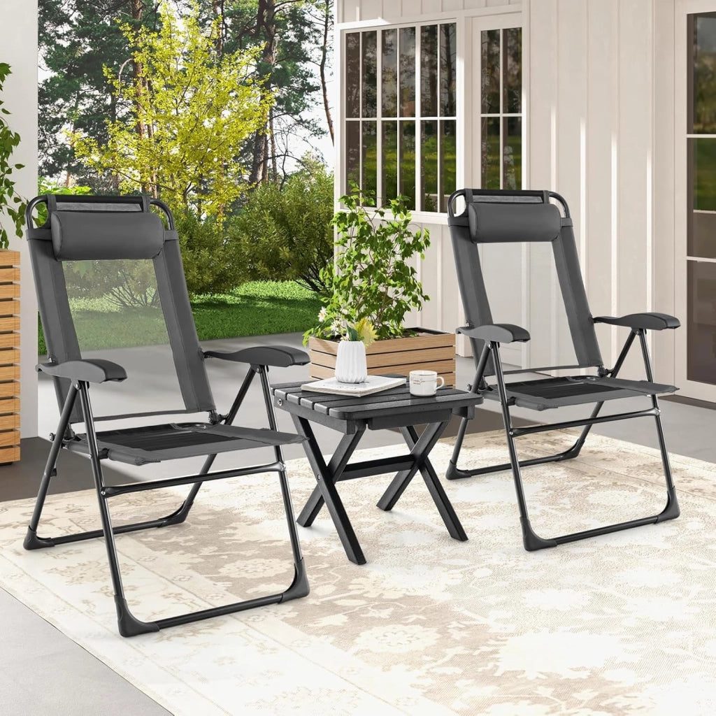 Set 2 Pezzi Sedie da Giardino Pieghevole, Sedie da Esterno con Schienale Alto Regolabile in 7 Posizioni, con Poggiatesta Rimovibile, Sedia a Sdraio Reclinabile per Terrazzo (grigio)