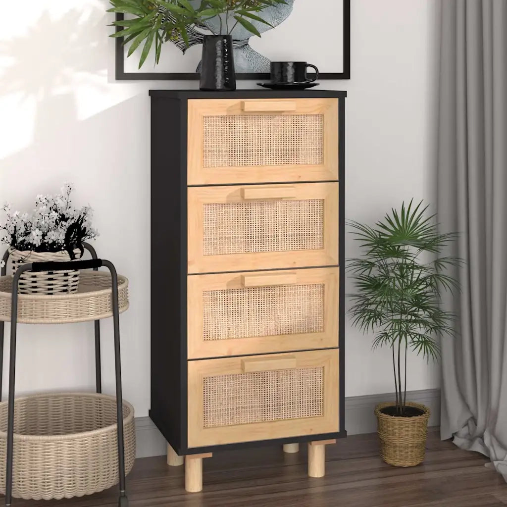 Credenza-Buffet-Armadio da cucina Nera 40x30x90 cm Legno Massello Pino e Rattan Naturale