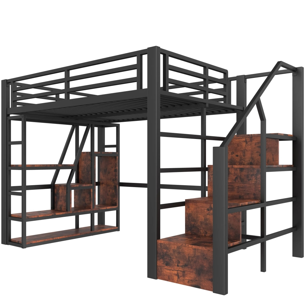 Letto a soppalco 140x200 cm con LED; scaletta e parapetti in metallo e MDF nero